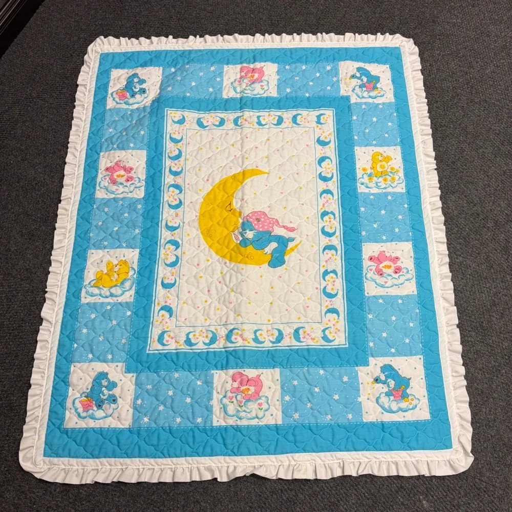 Vintage Care Bears Baby Blanket Quilted Bedtime Bear Moon Blue Ruffle 1980s